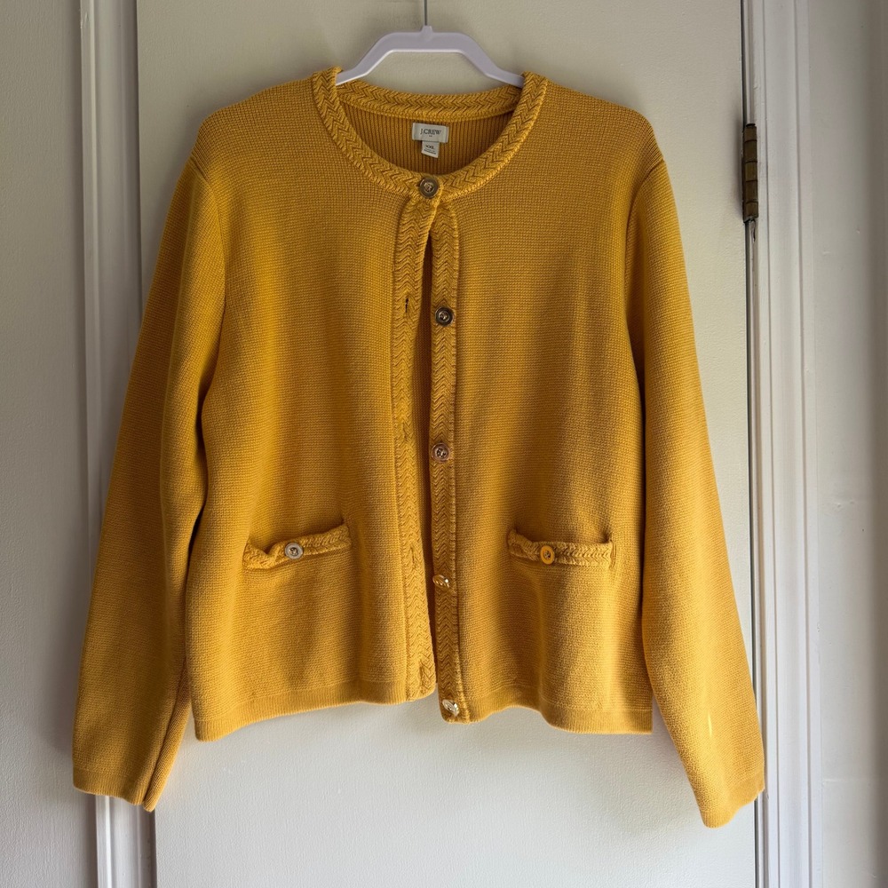J.Crew Womens XXL Mustard Yellow Cotton Braided Trim Button Cardigan Sweater